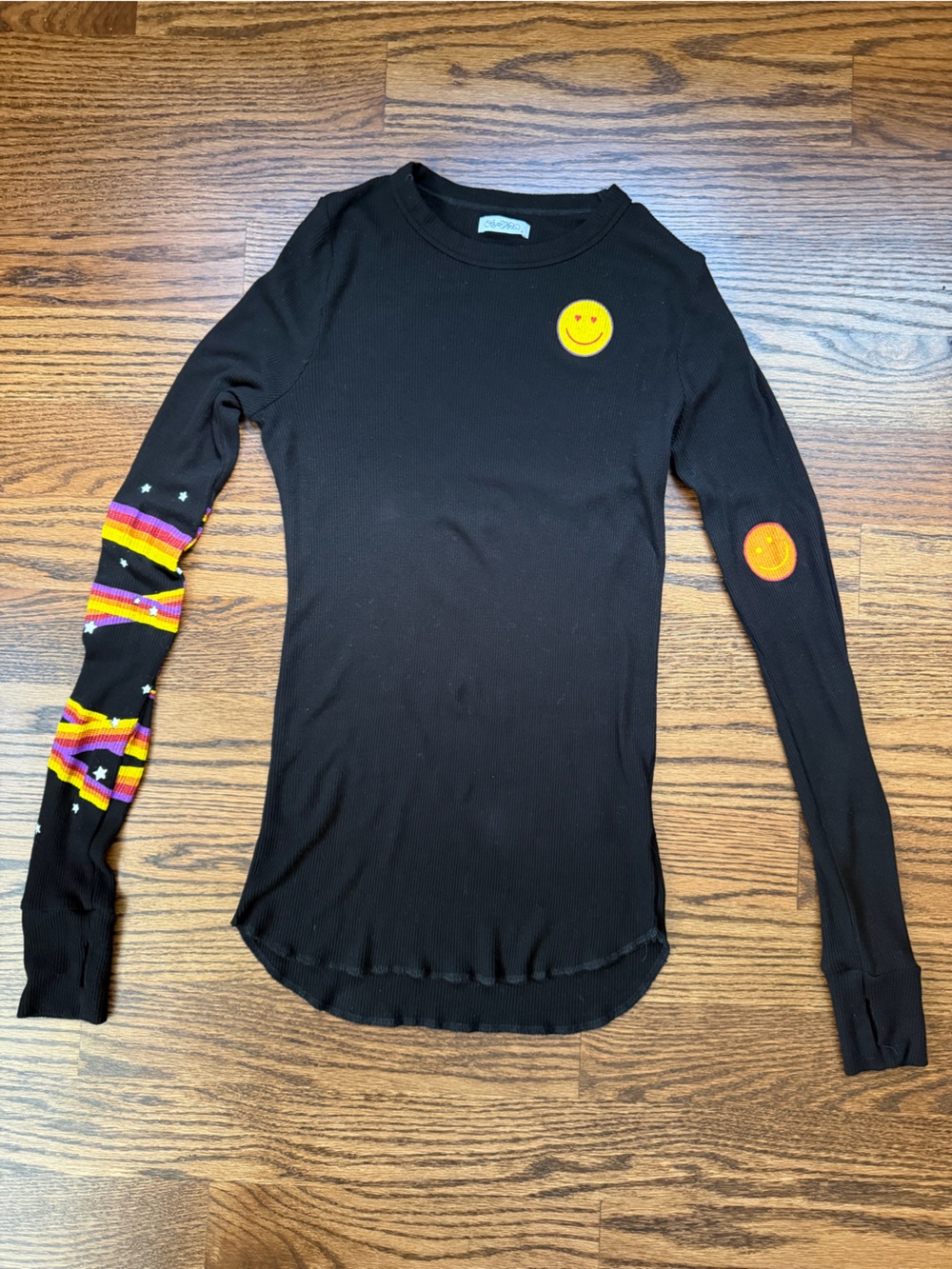 Lauren Moshi Black Long-Sleeve Keep Dreaming Shirt with Smiley Patches